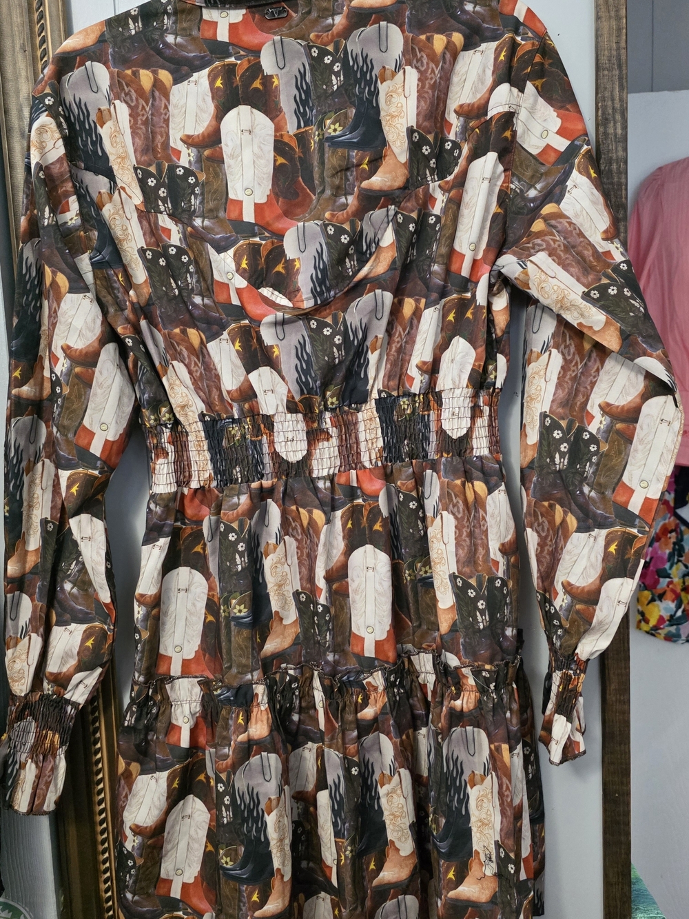Lucky & Blessed Brown Multi Western Boot Print Long Sleeve Shirtdress - Picture 6 of 10